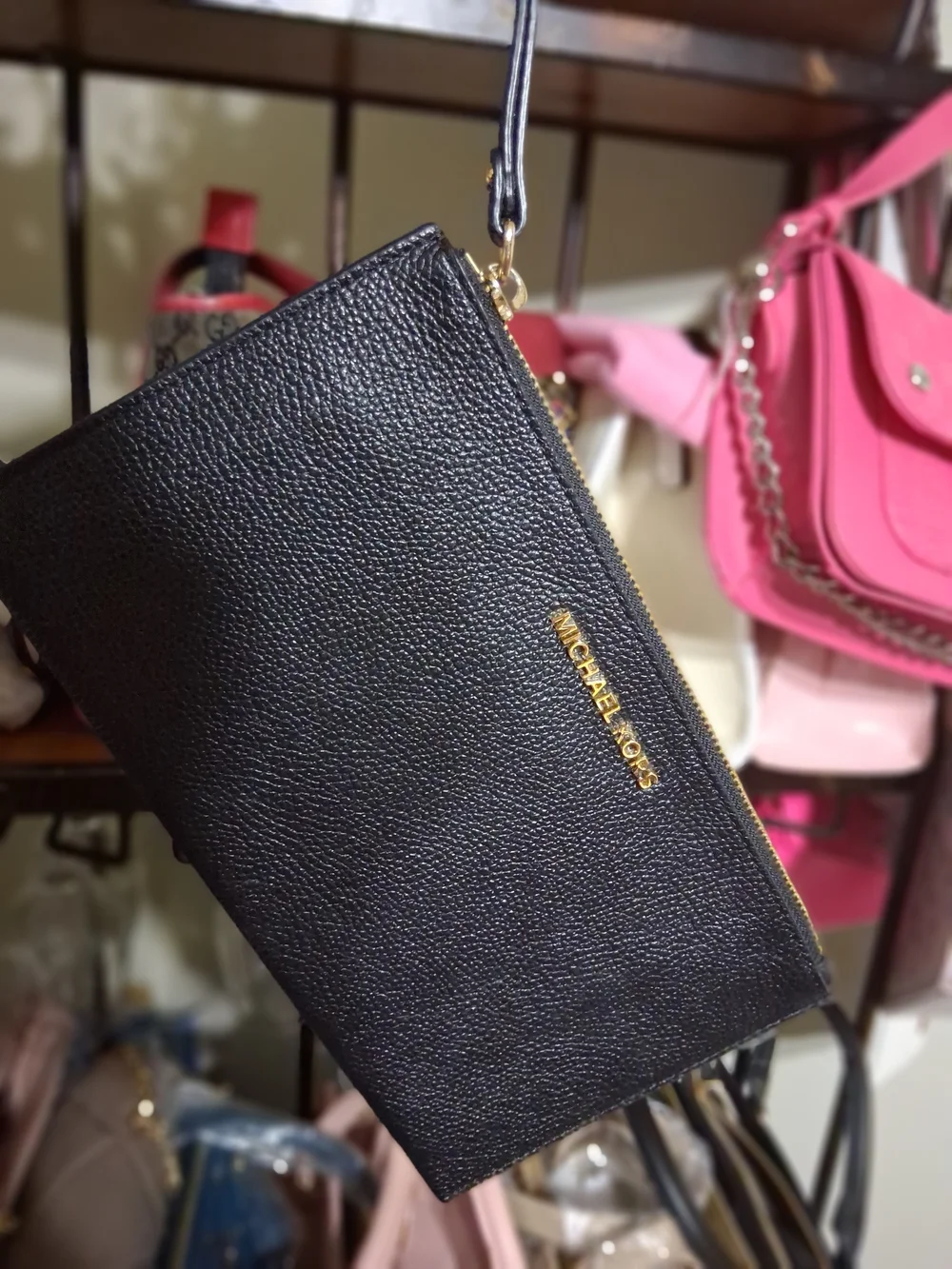 Michael Kors Black Pebbled Leather Zip Wristlet with Gold Logo